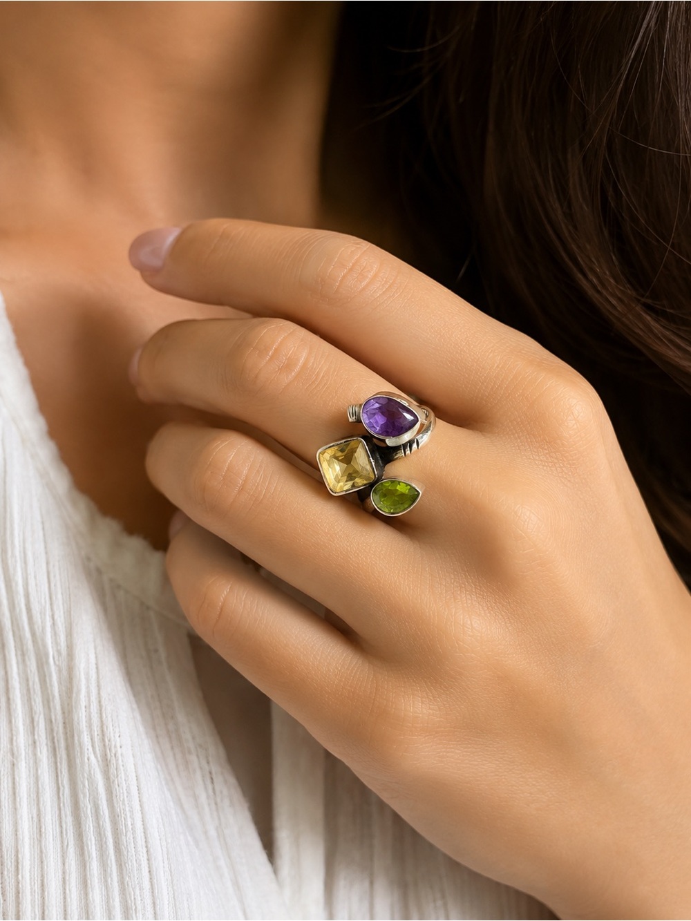 Sterling Silver Tri-Gem Open Ring with Amethyst, Peridot & Citrine size 8